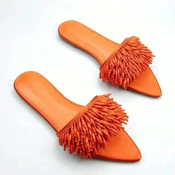 Orange Funky Women's Bead Embroidery Decorated Fabric Flat Comfortable Sandals - Picture 2 of 4